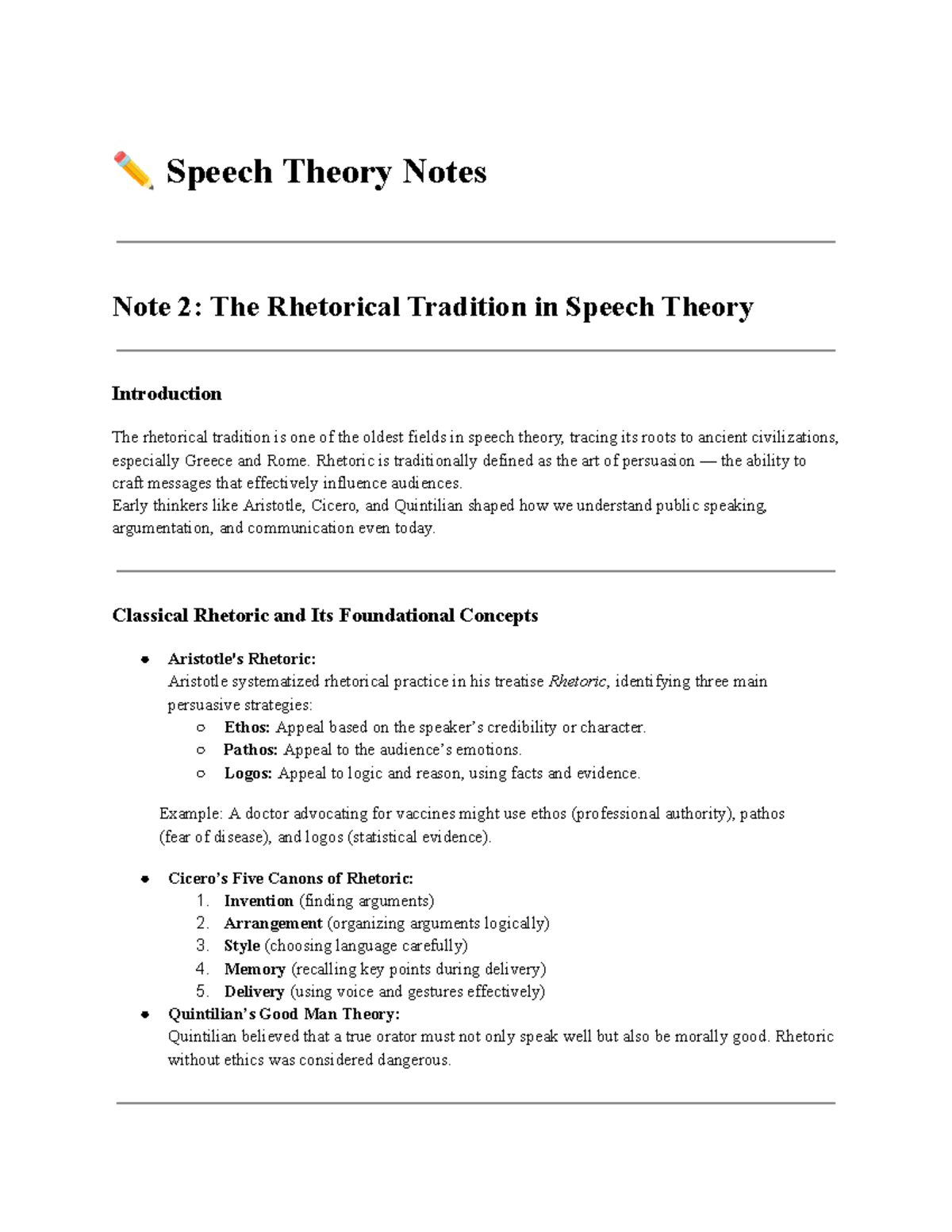 Speech Theory Notes 2: The Rhetorical Tradition Explained - Studocu