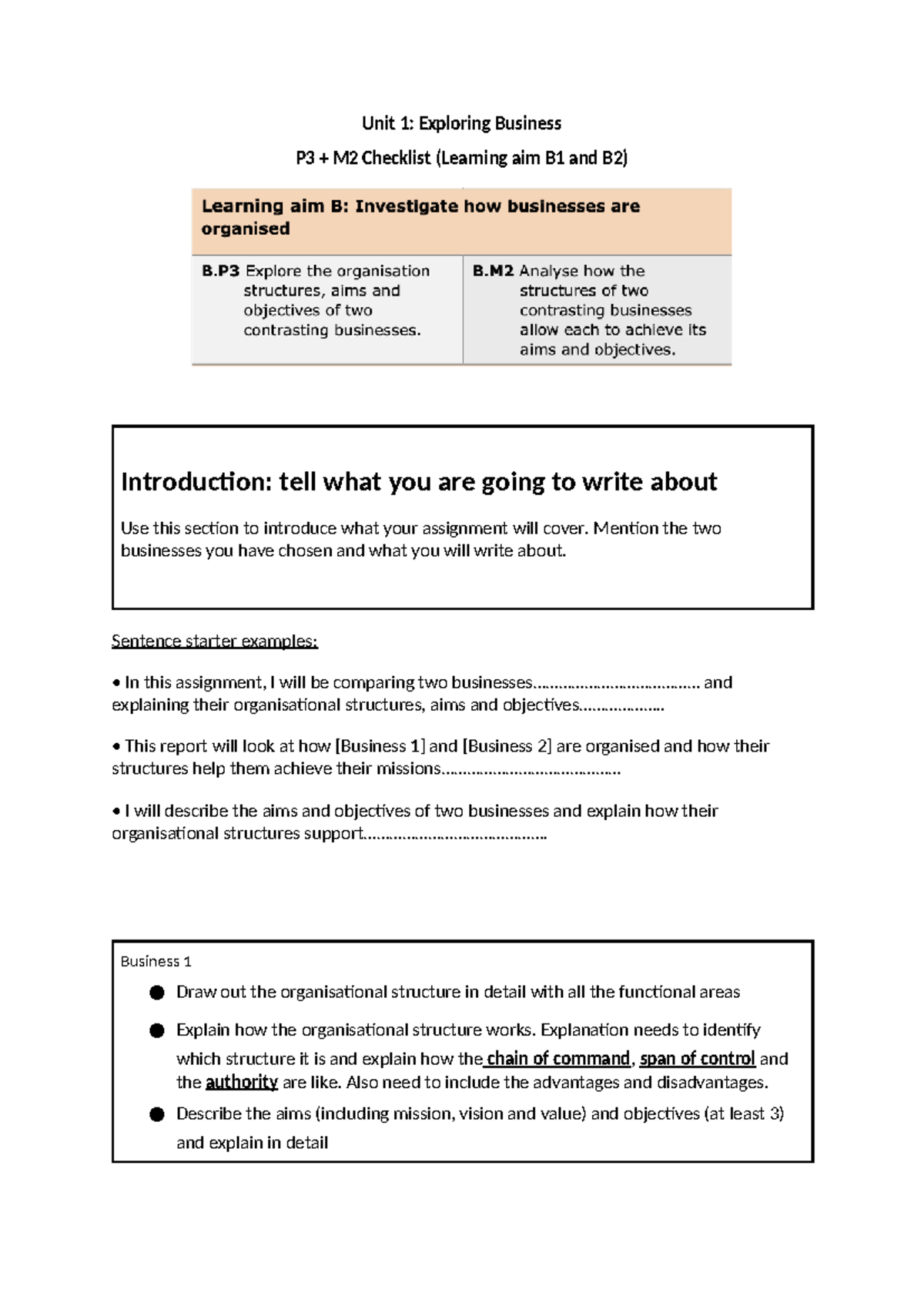 Unit 1: Business Structures Analysis P3 M2 Checklist (B1 & B2) - Studocu