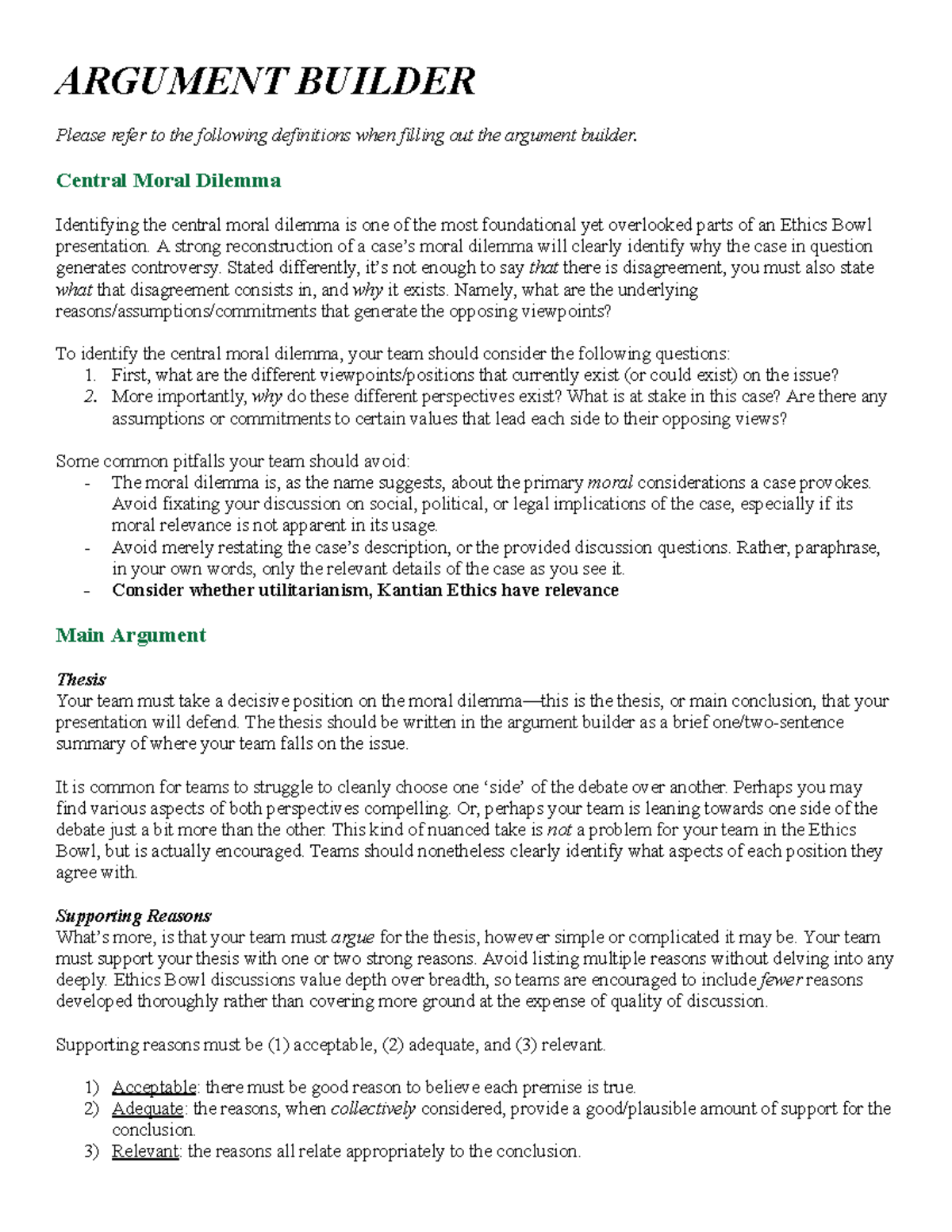 ARGUMENT BUILDER - Ethics BOWL Guide for Moral Dilemmas - Studocu