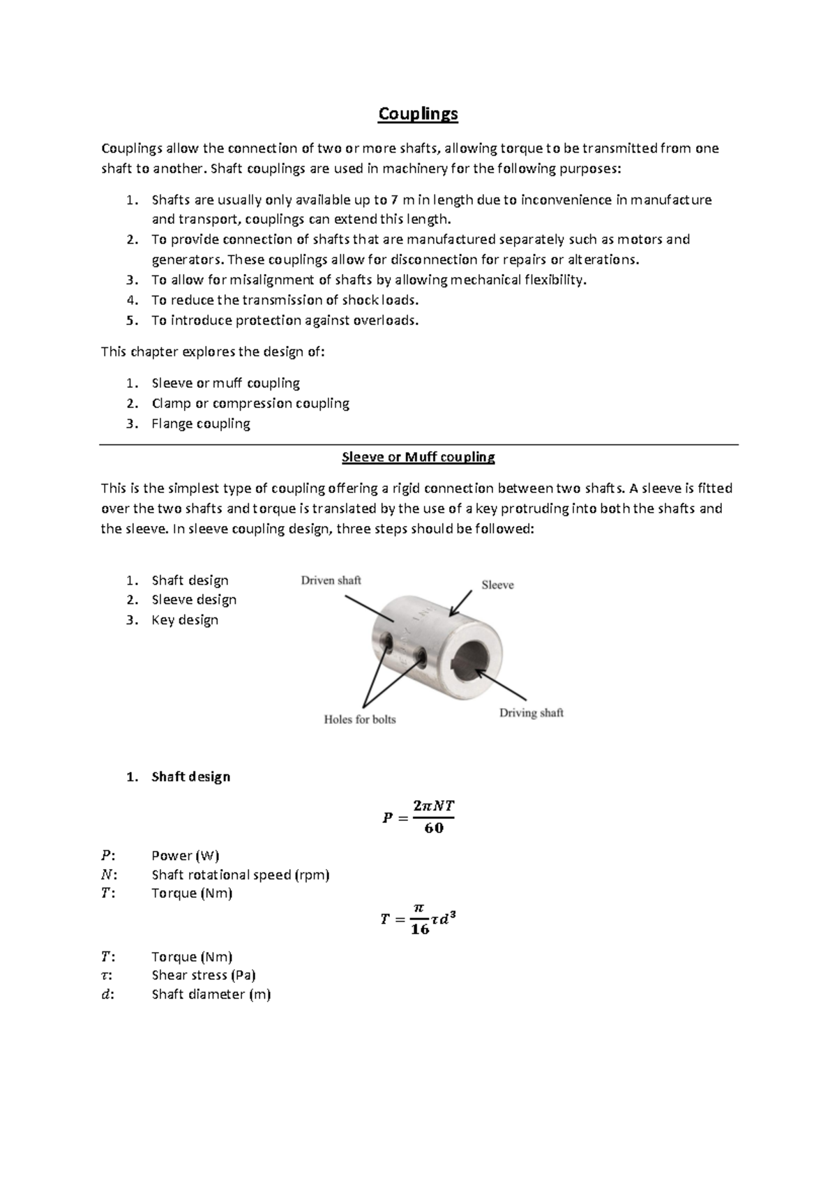 Couplings - MECH498 Lecture Notes on Design and Analysis - Studocu