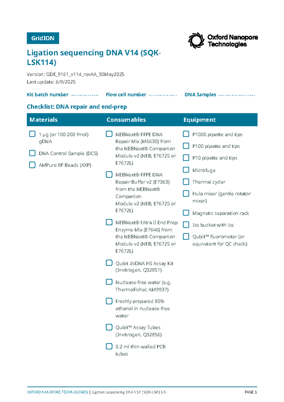 GridION Ligation Sequencing DNA V14 (SQKLSK114) Checklist Guide - Studocu