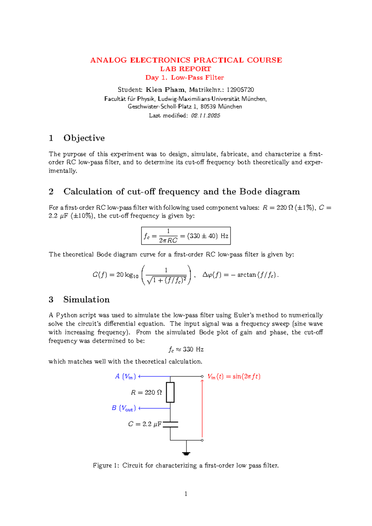 ANALOG ELECTRONICS LAB REPORT ELAB 1: RC Filter Design & Analysis - Studocu