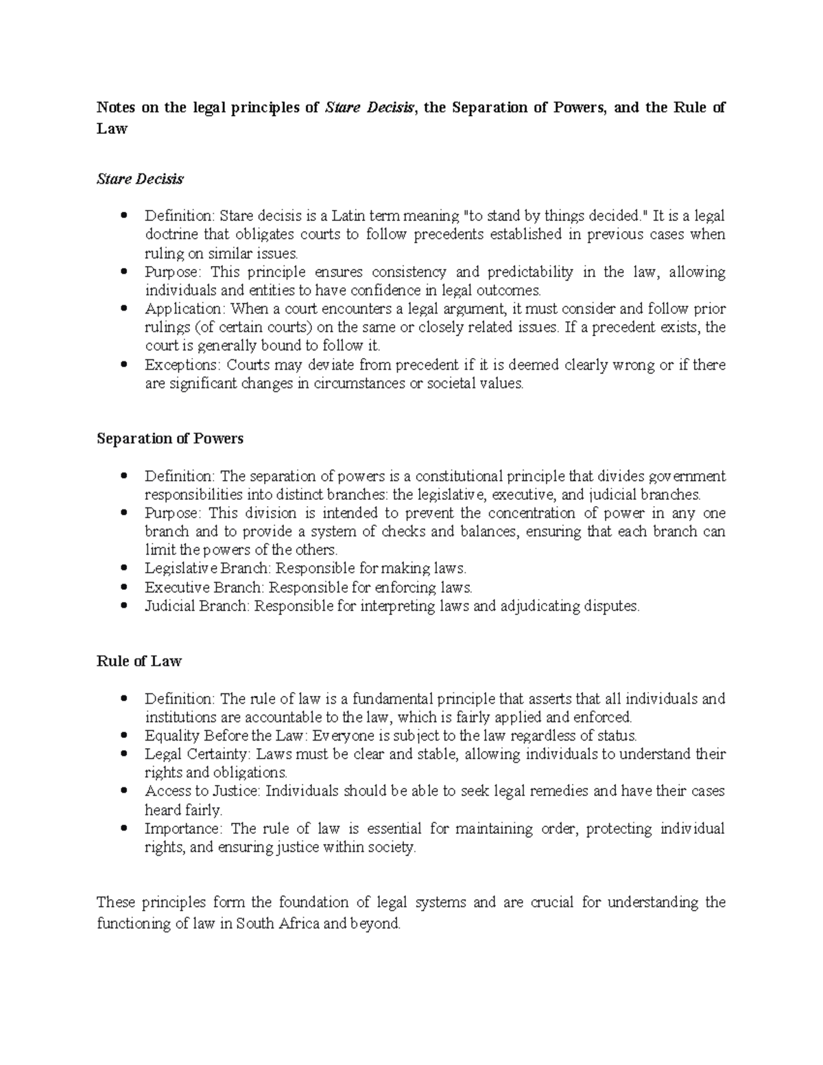 Notes on Stare Decisis, Rule of Law & Separation of Powers (Law 101 ...