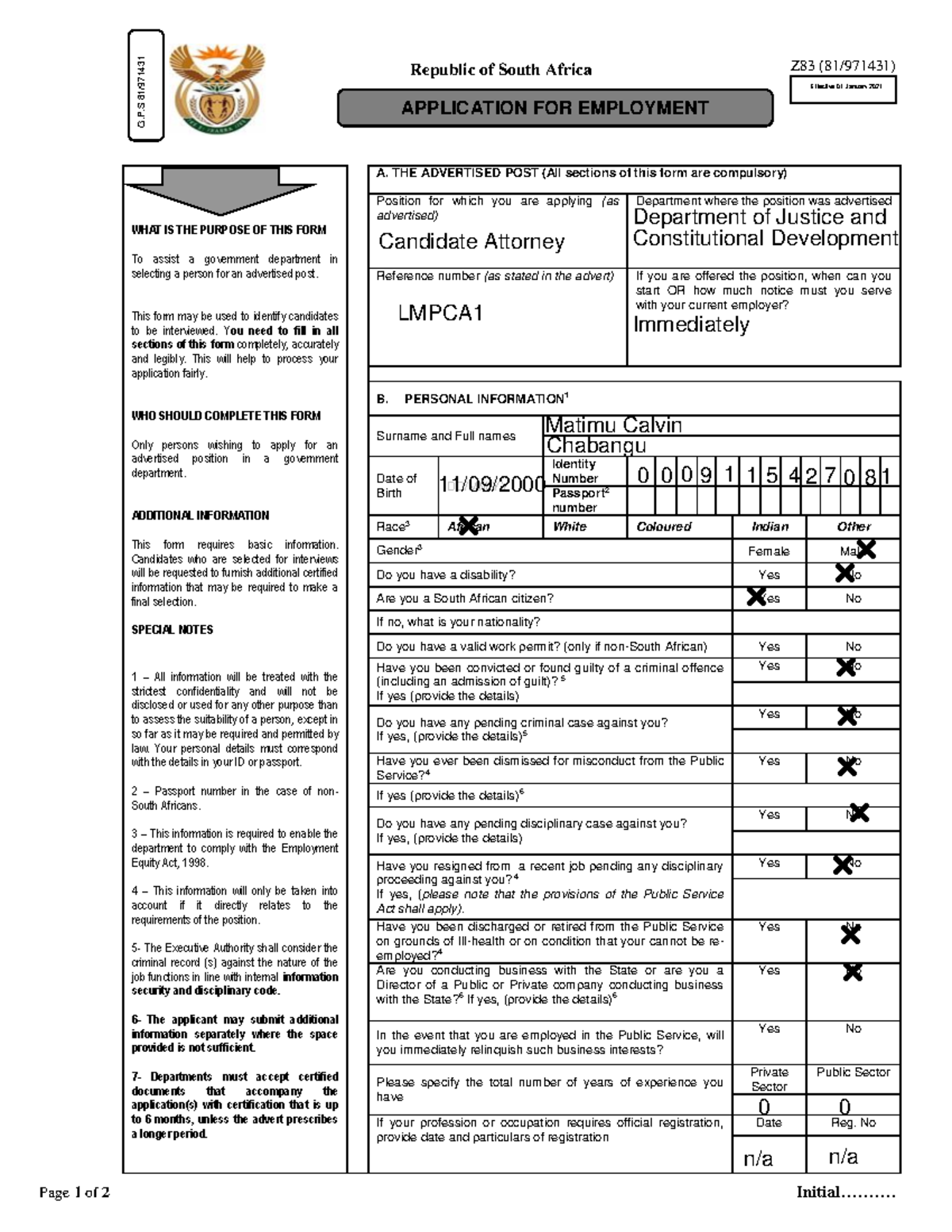 Z83 Application Form for Employment - Gazetted 6 Nov 2020 - Studocu