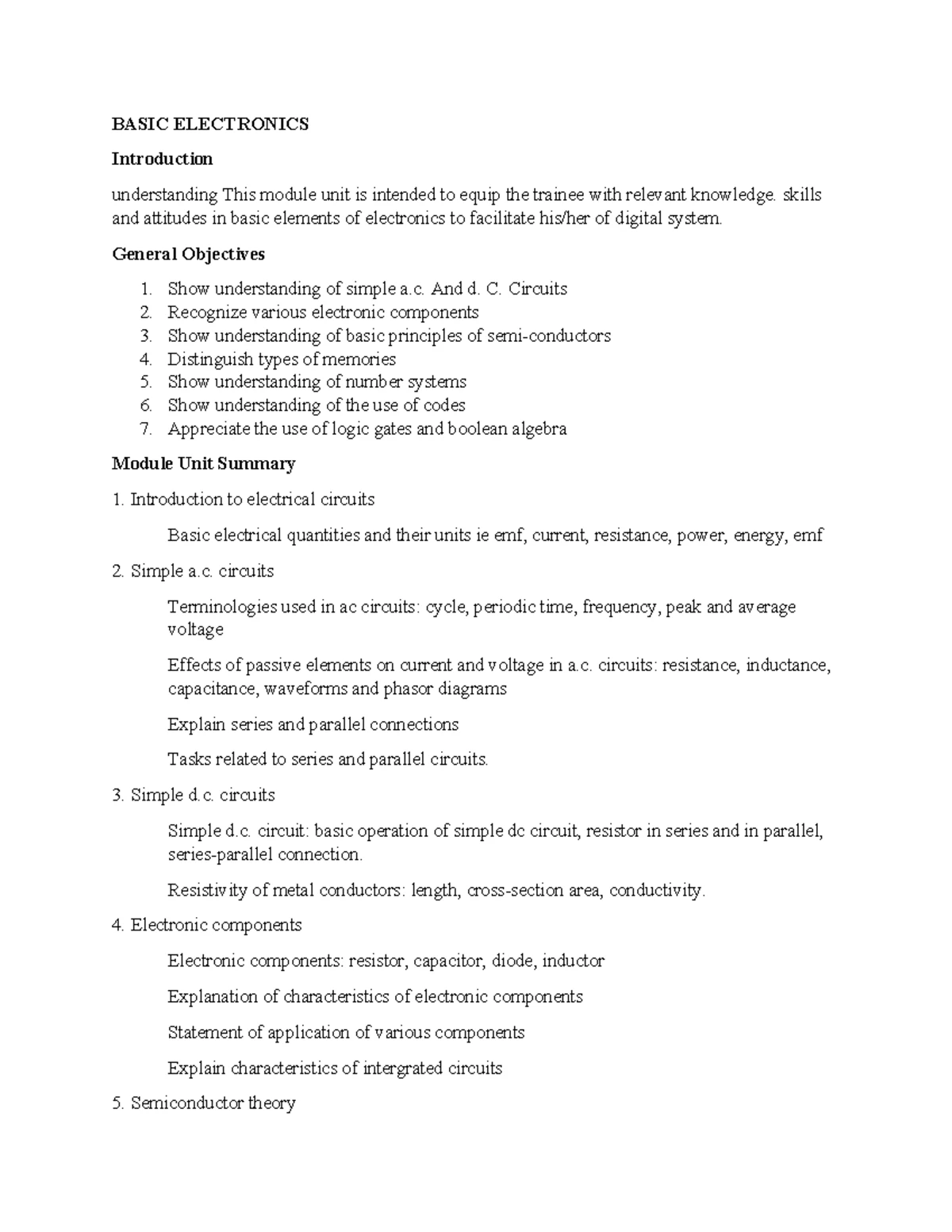MATH 101 Artisan Schemes of Work for Electrical Installation Course ...