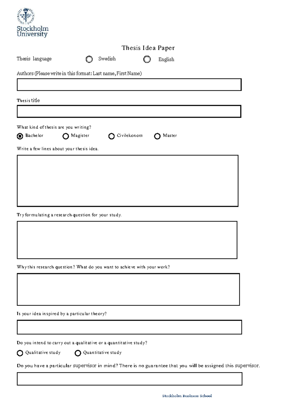 Thesis Idea Paper Template for Bachelor/Master (Civilekonom) - Studocu