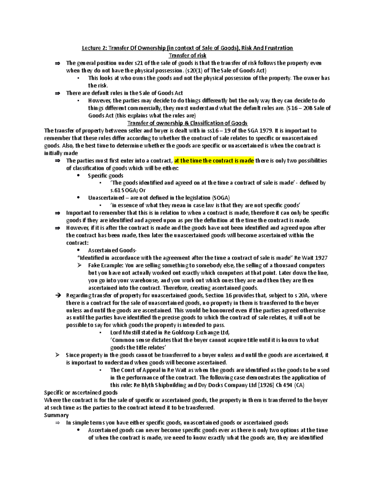 Lecture 2: Ownership Transfer, Risk, & Frustration in Sale of Goods ...