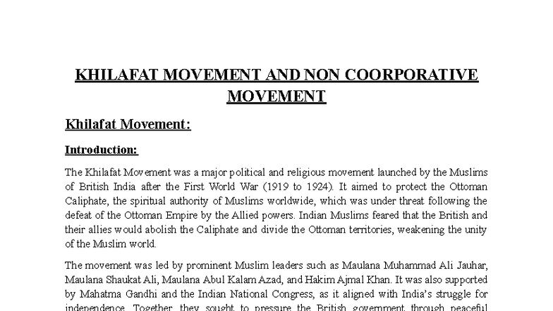 KHILAFAT MOVEMENT & NON COOPERATION: A Historical Overview - Studocu