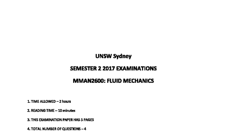 UNSW MMAN2600 Fluid Mechanics 1 Final Exam Paper 2017 - Studocu