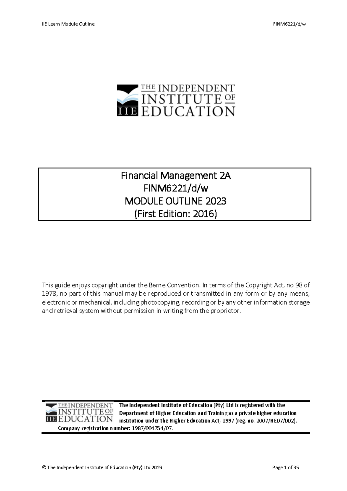 FINM6221 MO - Comprehensive Module Outline and Guidelines 2023 - Studocu