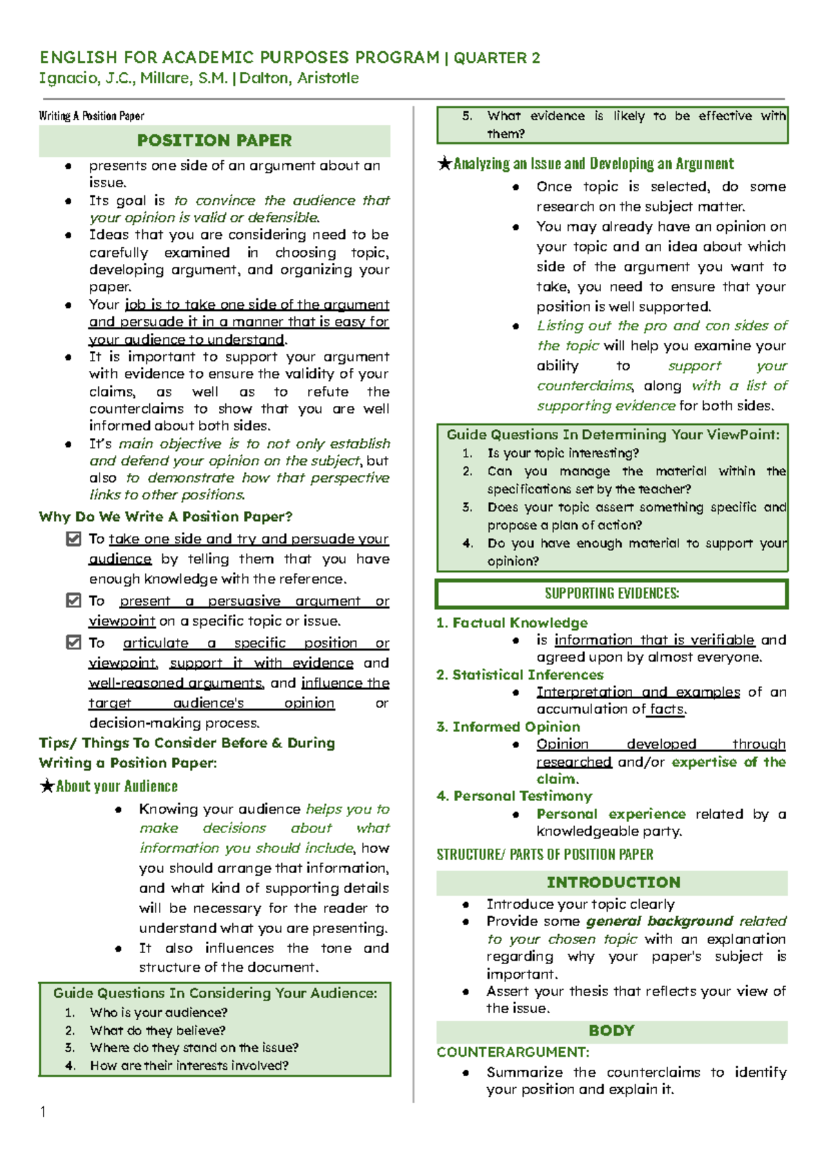 Q2 EAPP Lecture Notes: Writing a Position Paper Guide - Studocu