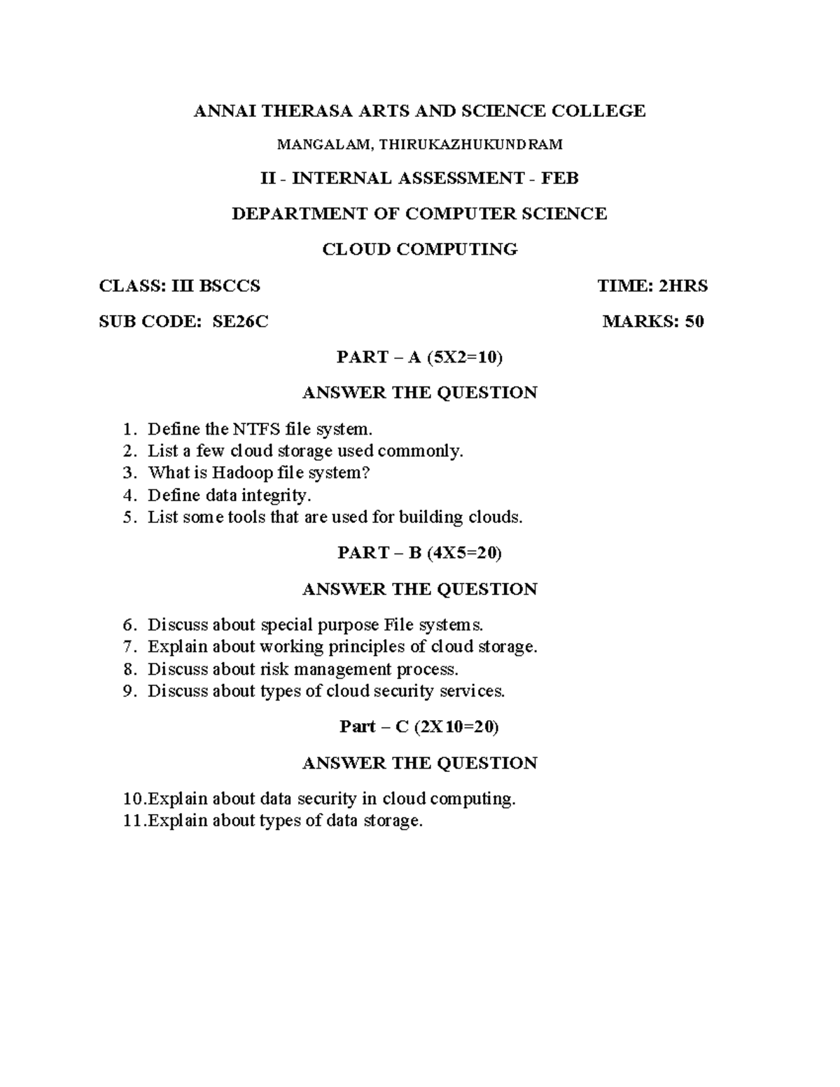 II Internal Assessment SE26C: Cloud Computing - BSCCS Exam Questions ...