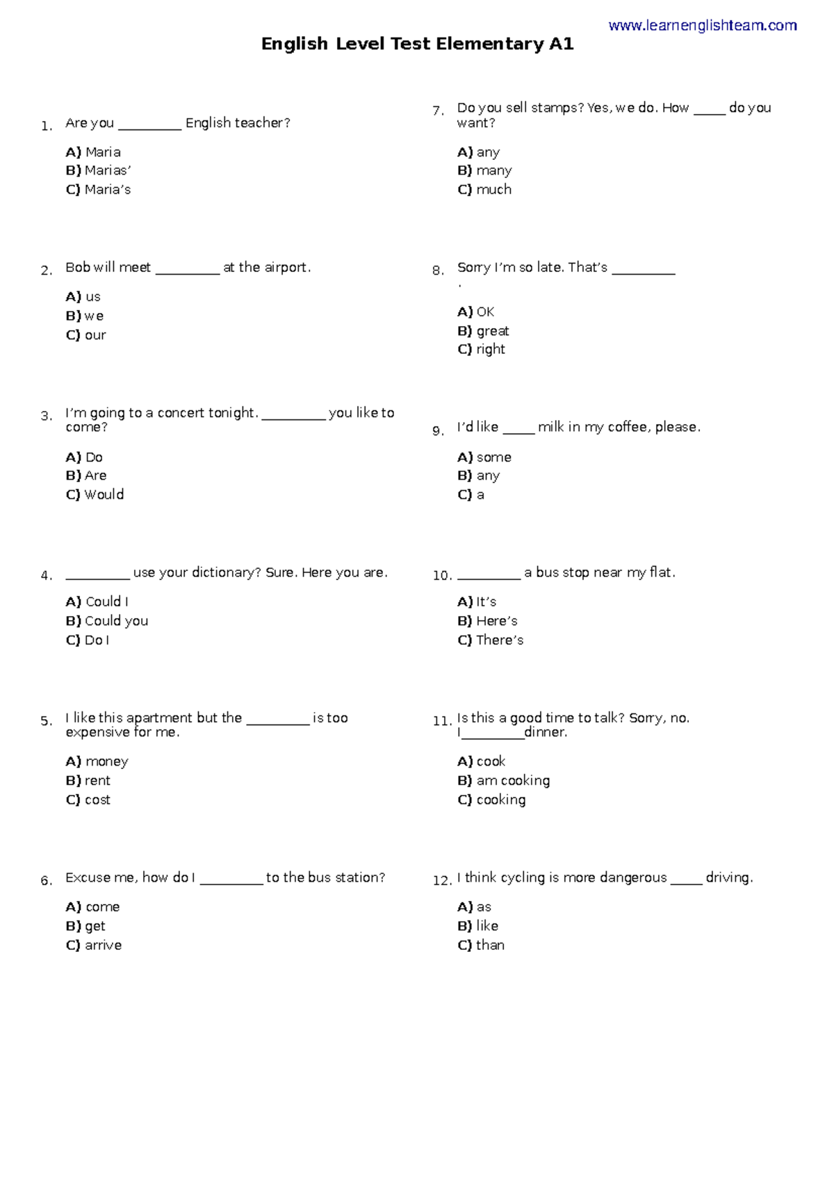 English Level Test A1: Elementary Practice Questions - Studocu