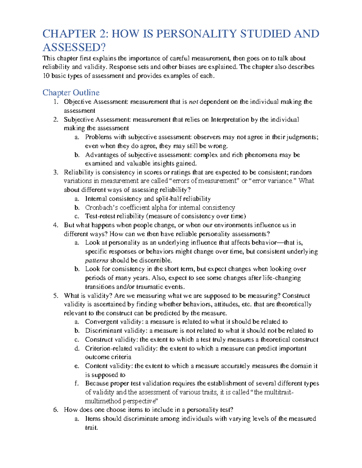 CHAPTER 2: STUDYING AND ASSESSING PERSONALITY - KEY CONCEPTS & METHODS ...