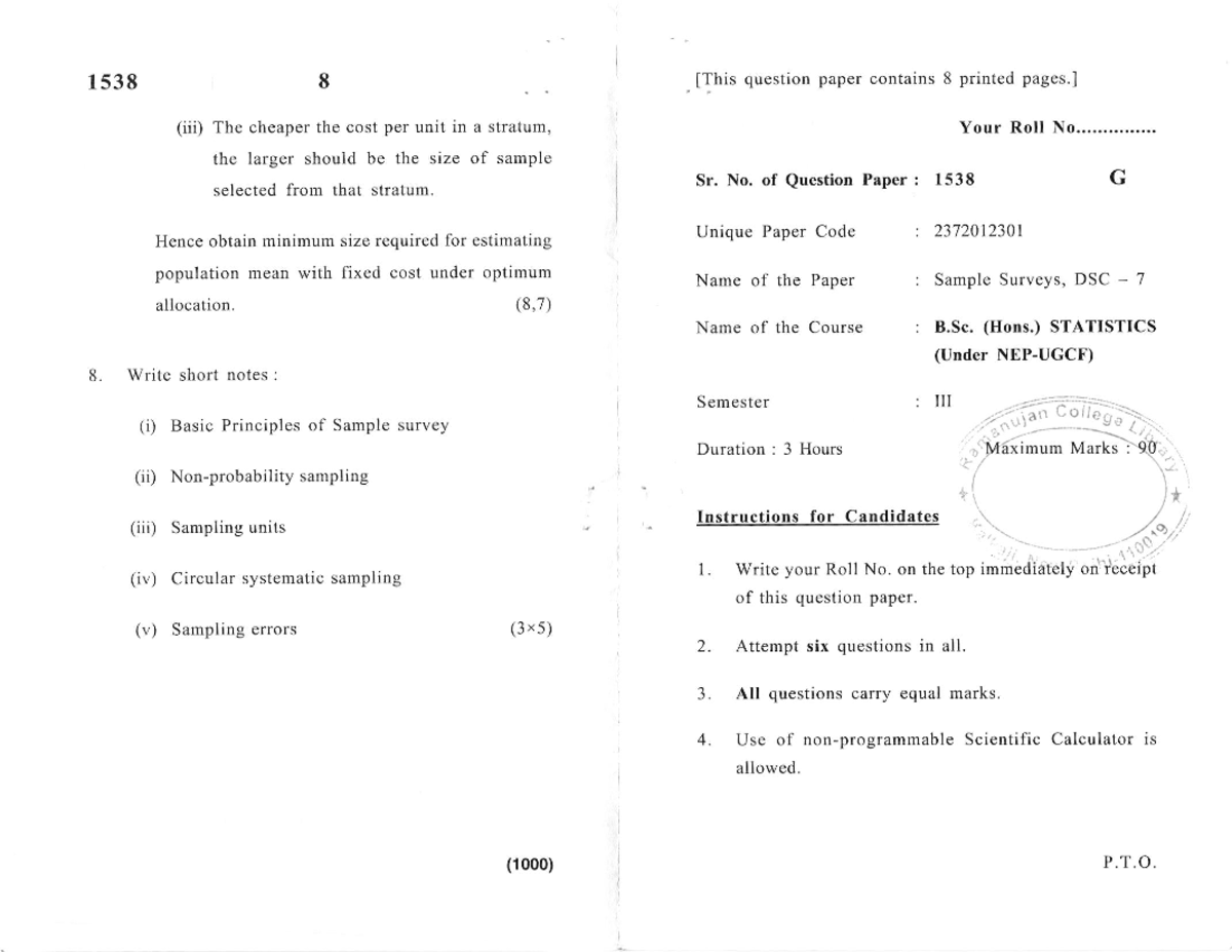 B.Sc. H Statistics Sample Survey Exam Paper G 237201230t - QP 1538 ...