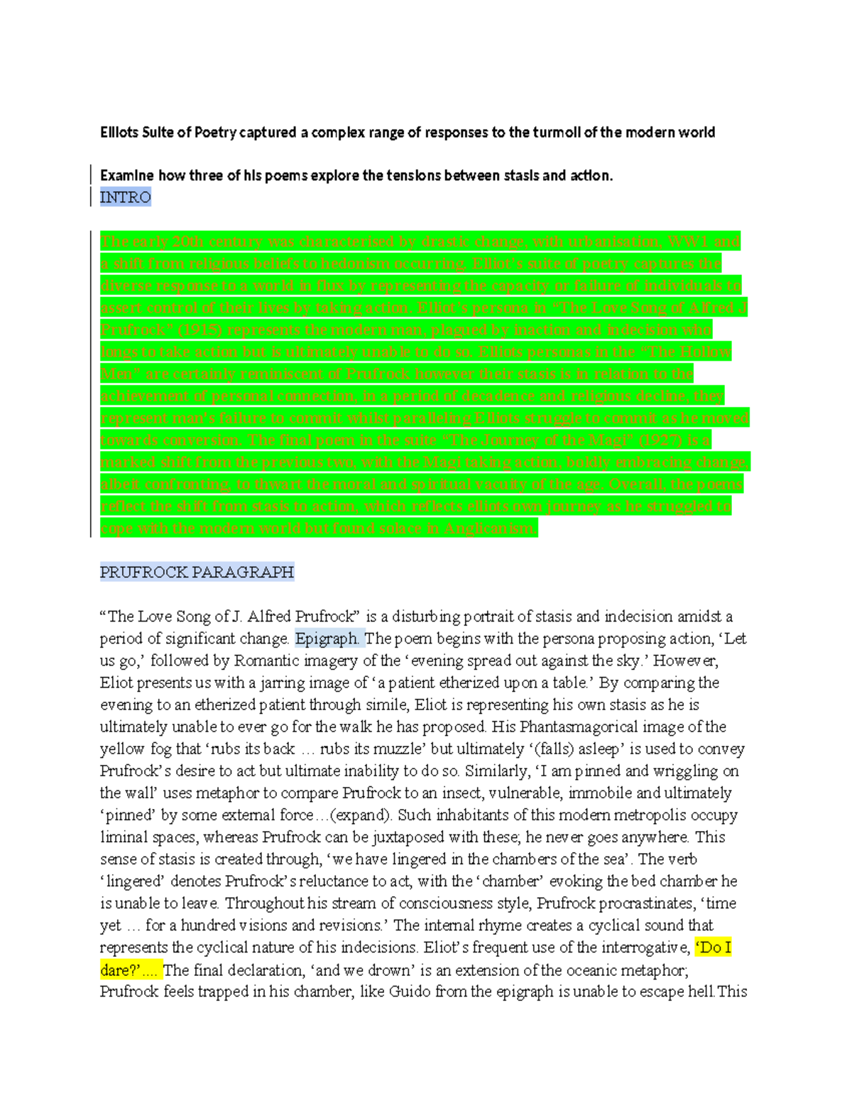 Final Essay: Exploring Stasis and Action in Eliot's Poetry (ENG 101 ...