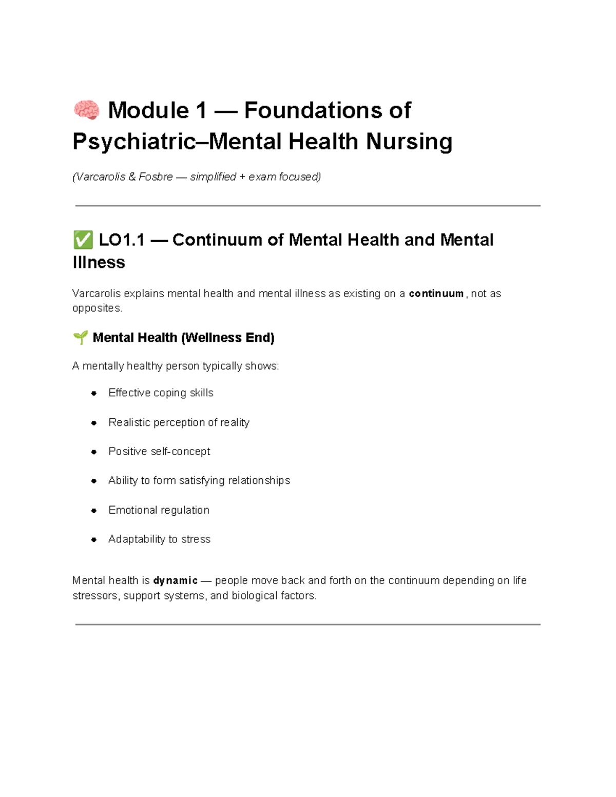 Module 1 Foundations of Psych Nursing: Mental Health Continuum ...