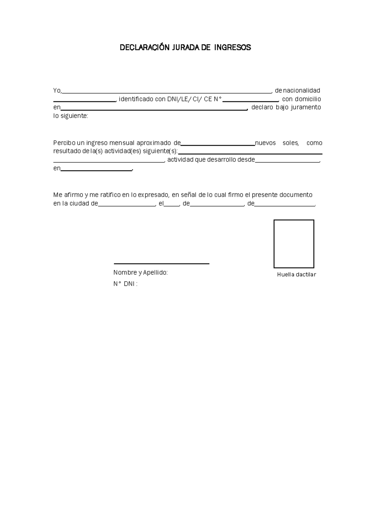 Declaración Jurada de Ingresos - DECLARACIÓN JURADA DE INGRESOS Yo ...