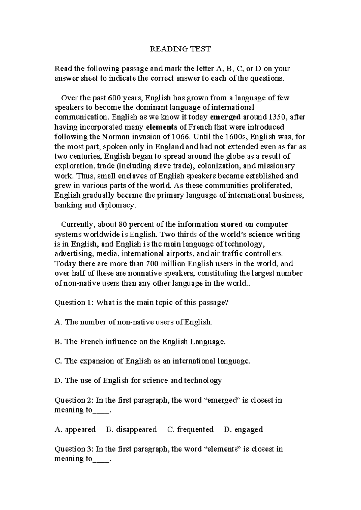 Reading Test: English Language & Allergy Sensitivity Analysis - Studocu