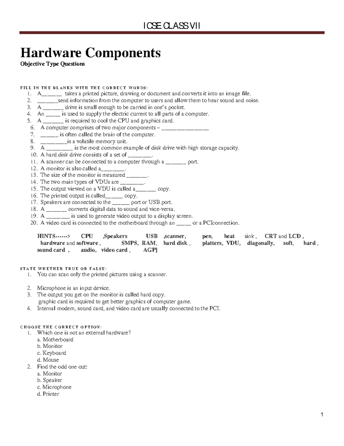 ICSE CLASS VII Chapter on Hardware Components: Objective Qs & Answers ...