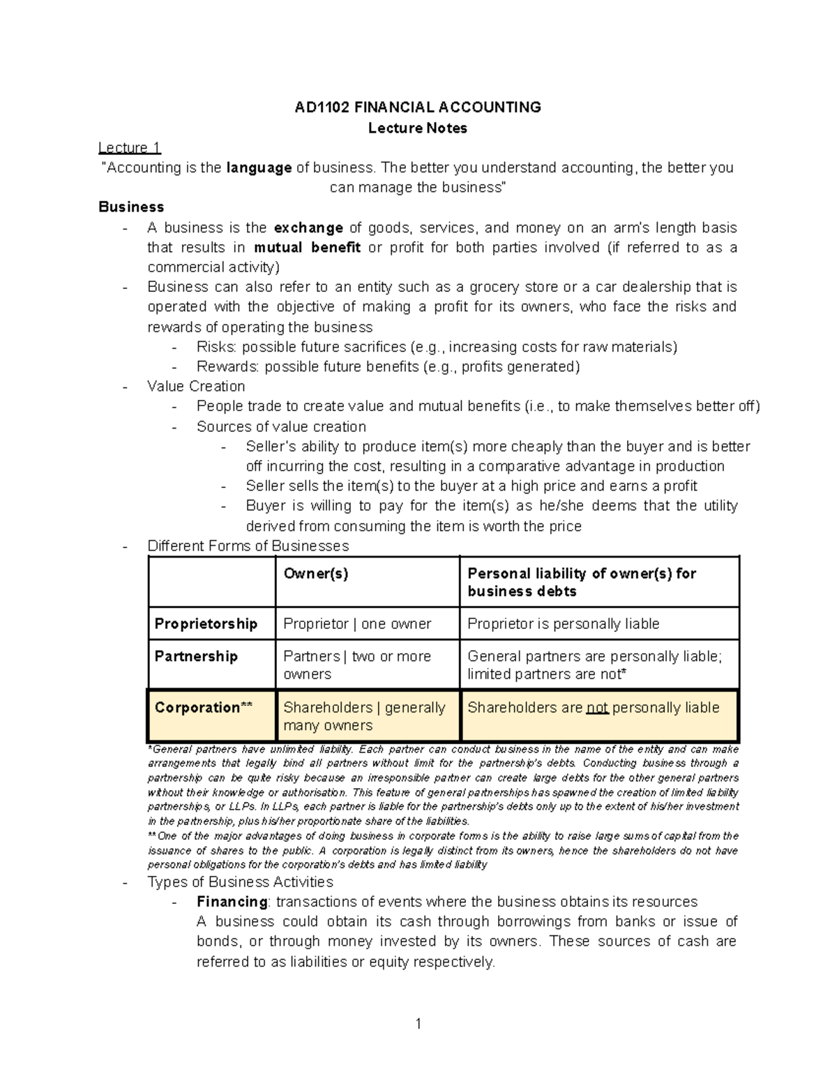 AD1102 FINANCIAL ACCOUNTING Lecture Notes: Understanding Business ...