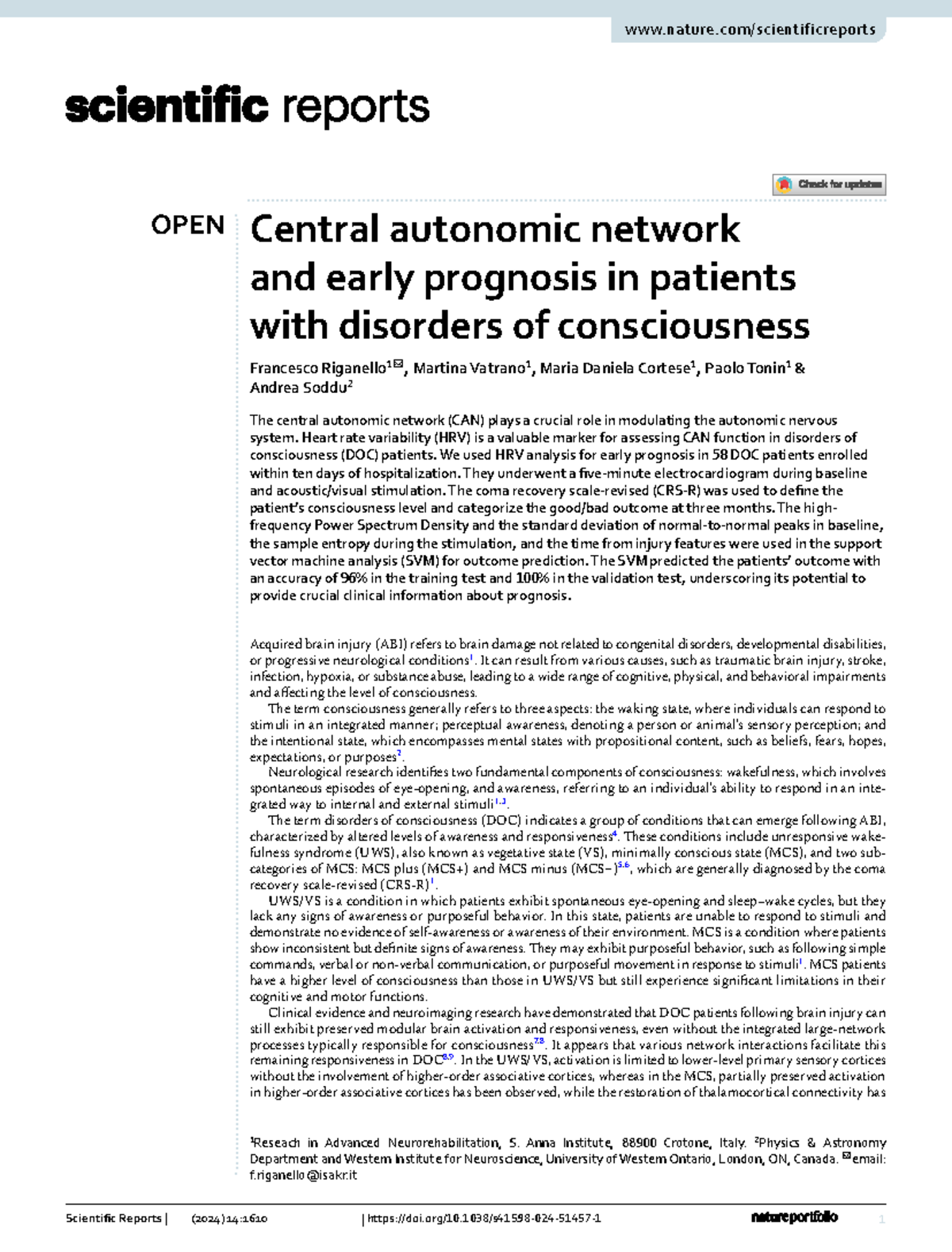Central autonomic network - 1 ol.:ȋͬͭͮͯͰͱͲͳʹ Scientific Reports | (2024 ...