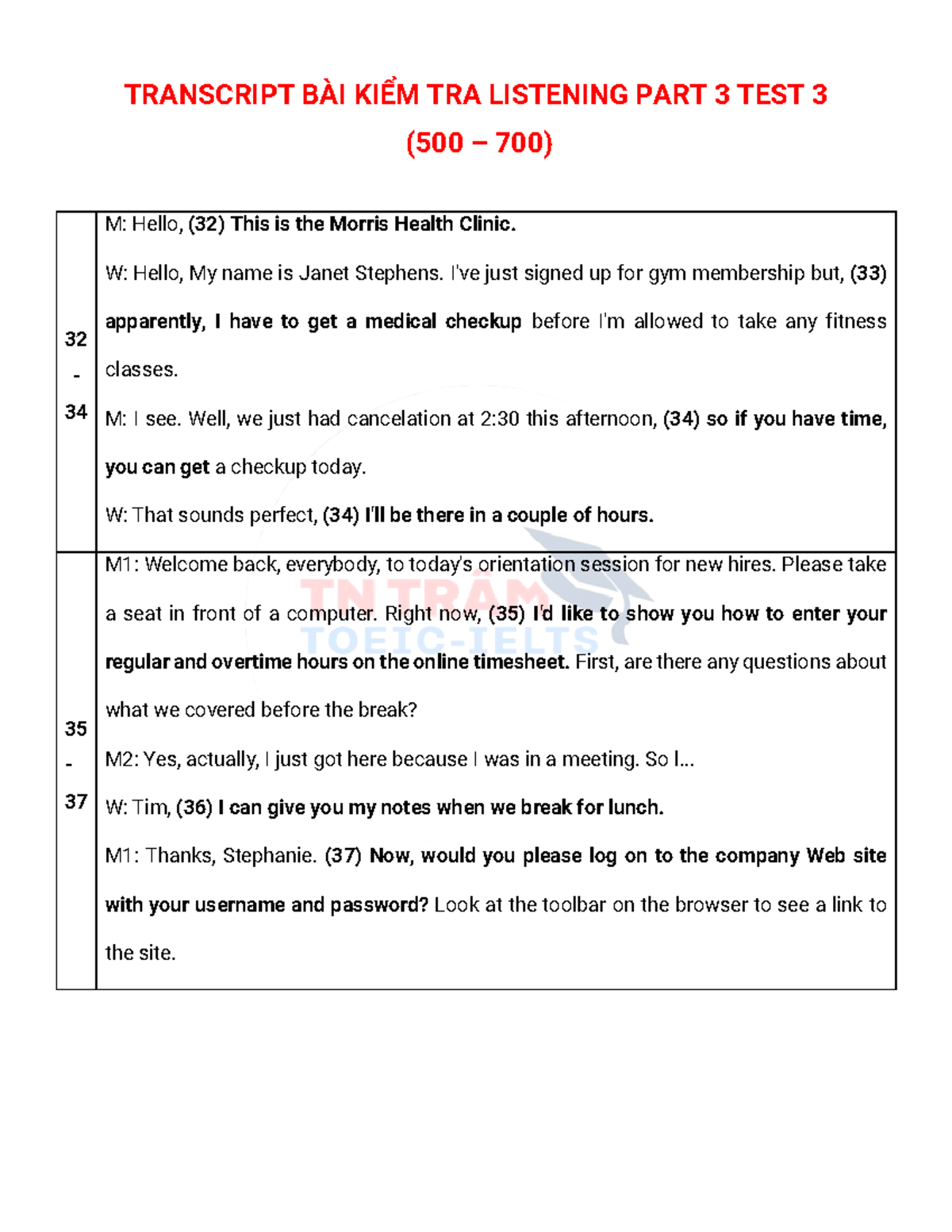 Transcript BÀI KIỂM TRA Listening PART 3 TEST 3 - TRANSCRIPT BÀI KIỂM ...