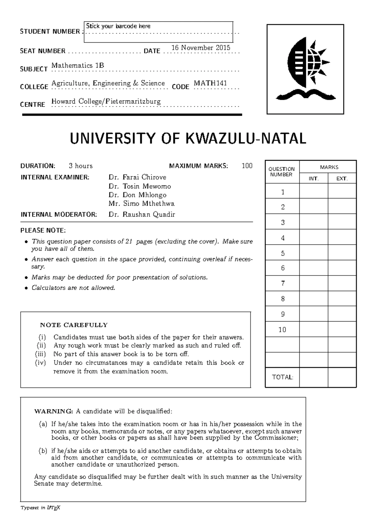 Applied Mathematics 1B (MATH142) Test 1 Practice Questions - Studocu