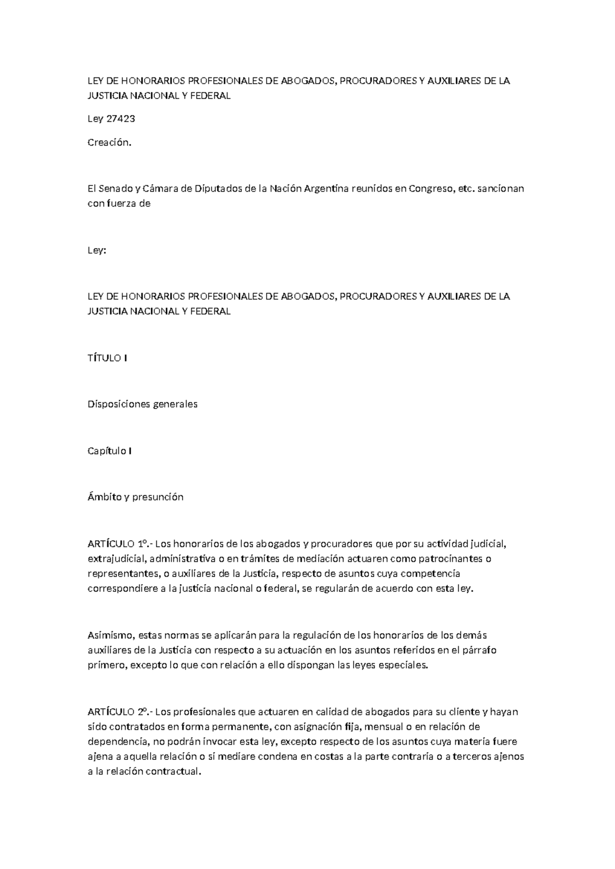 Ley 27423: Honorarios Profesionales de Abogados y Auxiliares de ...