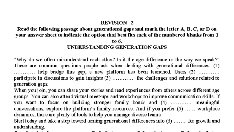 Giải Revision Mai - Understanding Generational Gaps and Healthy Living ...