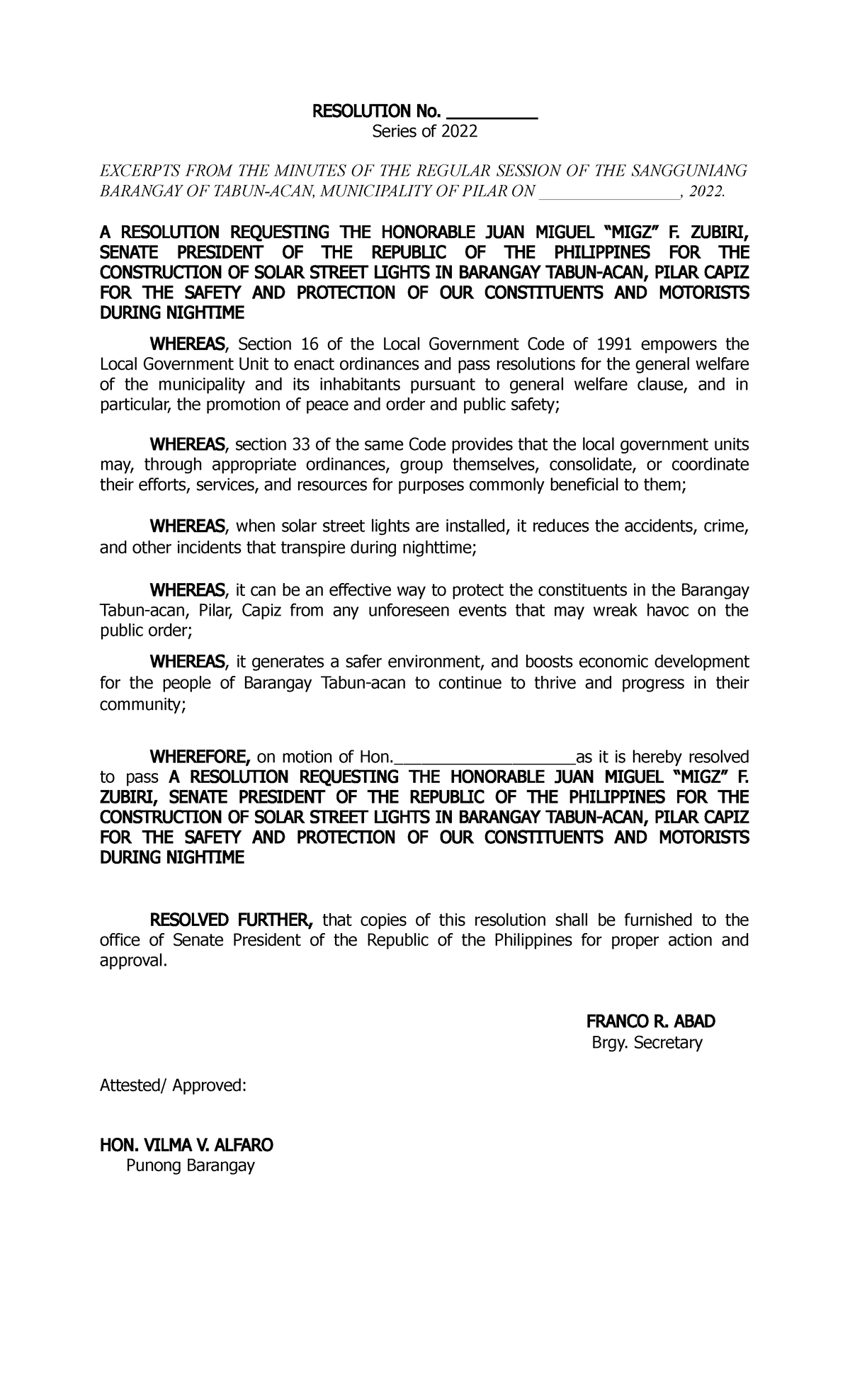 Tabun-ACAN - Resolution - RESOLUTION No. __________ Series of 2022 ...