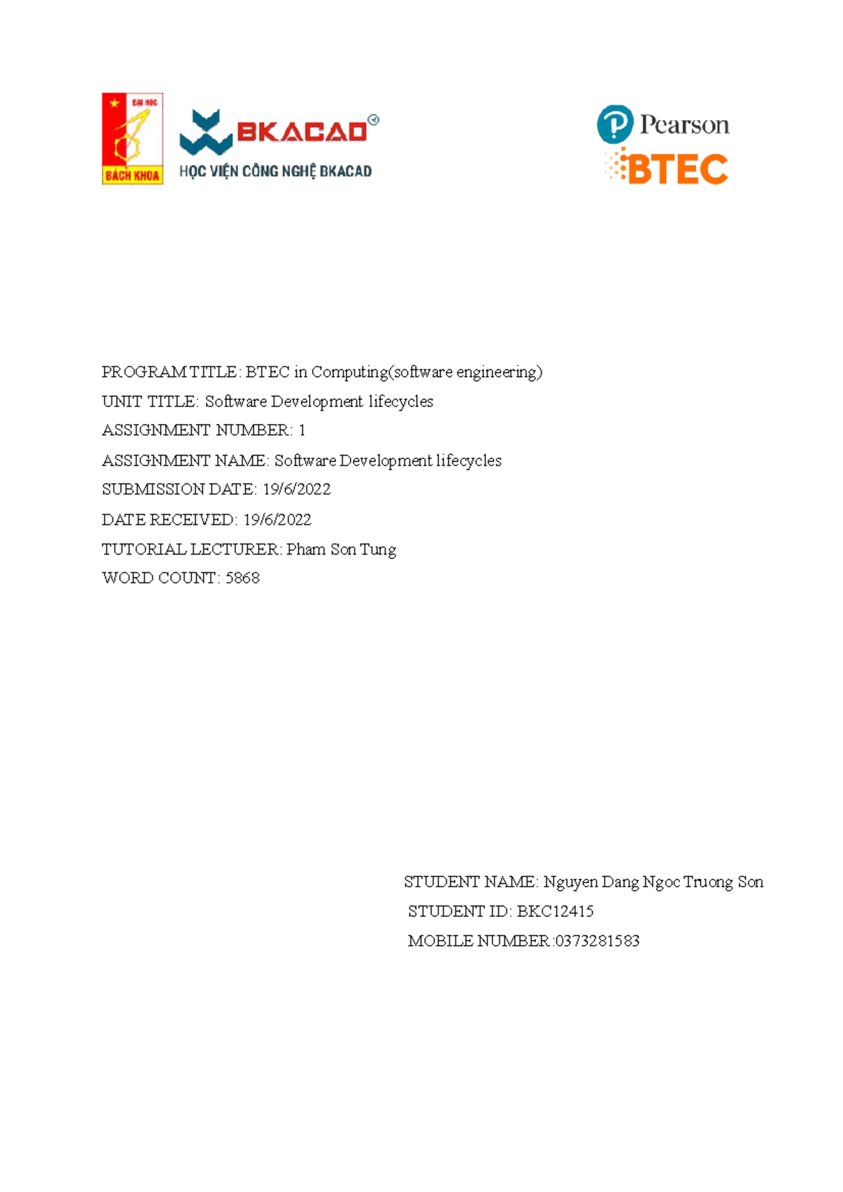 Assignment 1 - SDLC Overview and Analysis for BTEC in Computing - Studocu