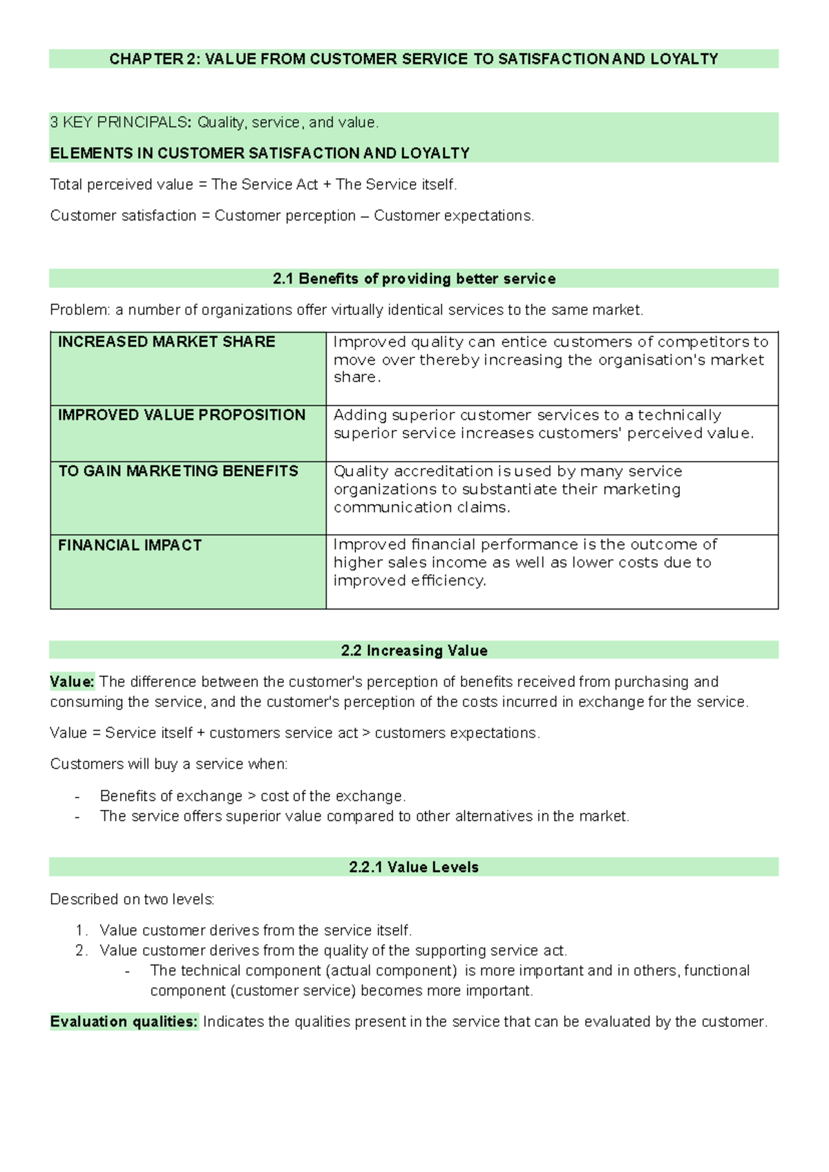 CHAPTER 2: VALUE IN CUSTOMER SERVICE, SATISFACTION & LOYALTY - Studocu