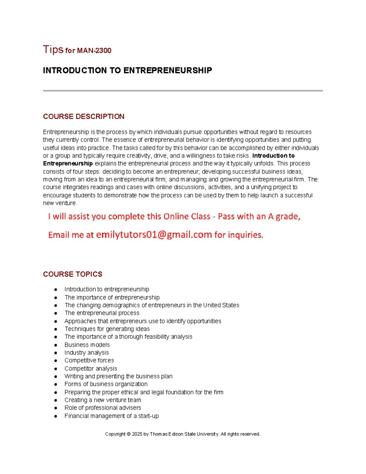 MAN 2300 Introduction to Entrepreneurship Course Overview and ...