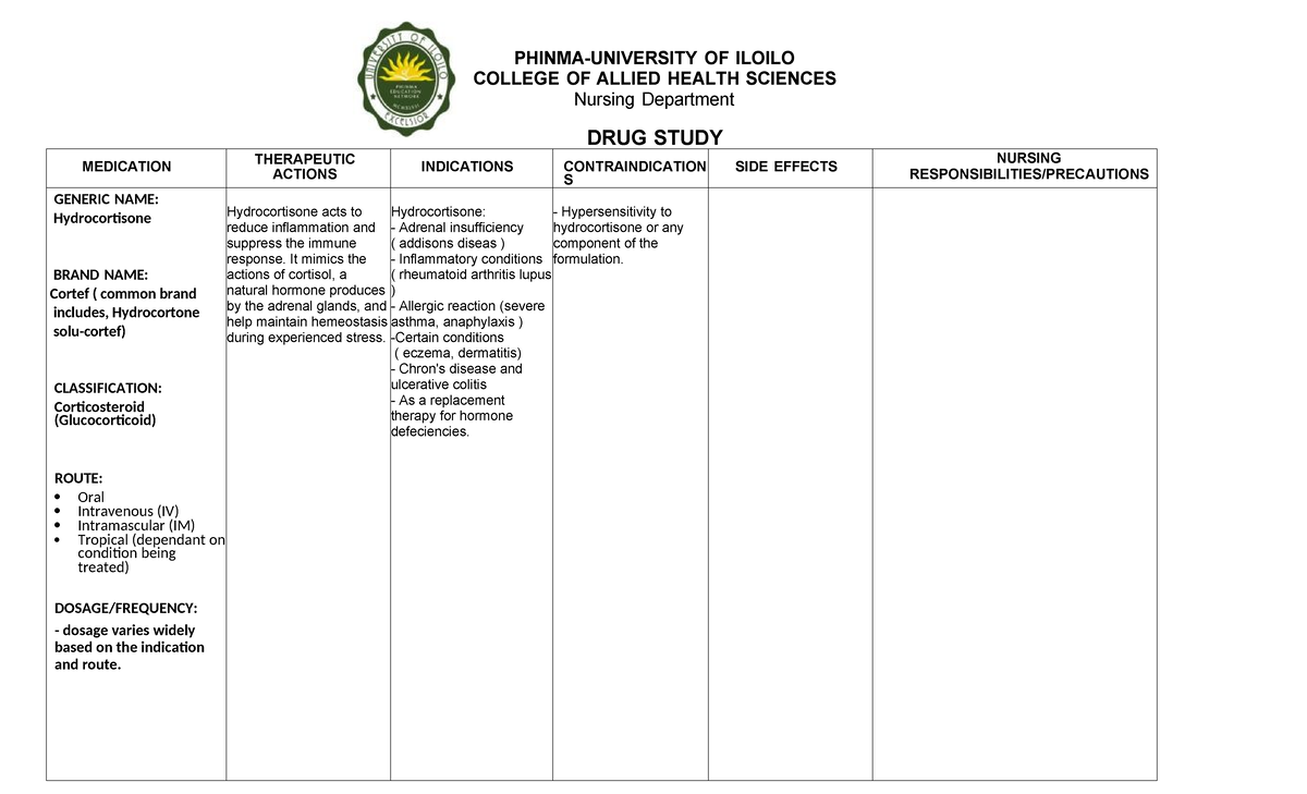 DRUG- Study - PHINMA-UNIVERSITY OF ILOILO COLLEGE OF ALLIED HEALTH ...