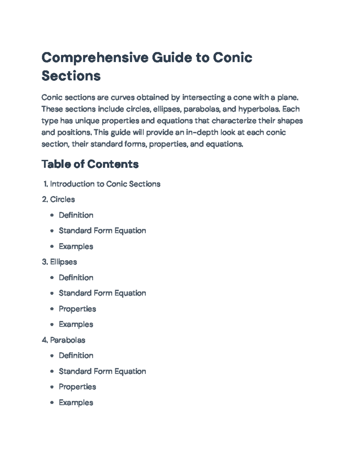 Comprehensive Guide to Conic Sections (Math 101 Lecture Notes ...