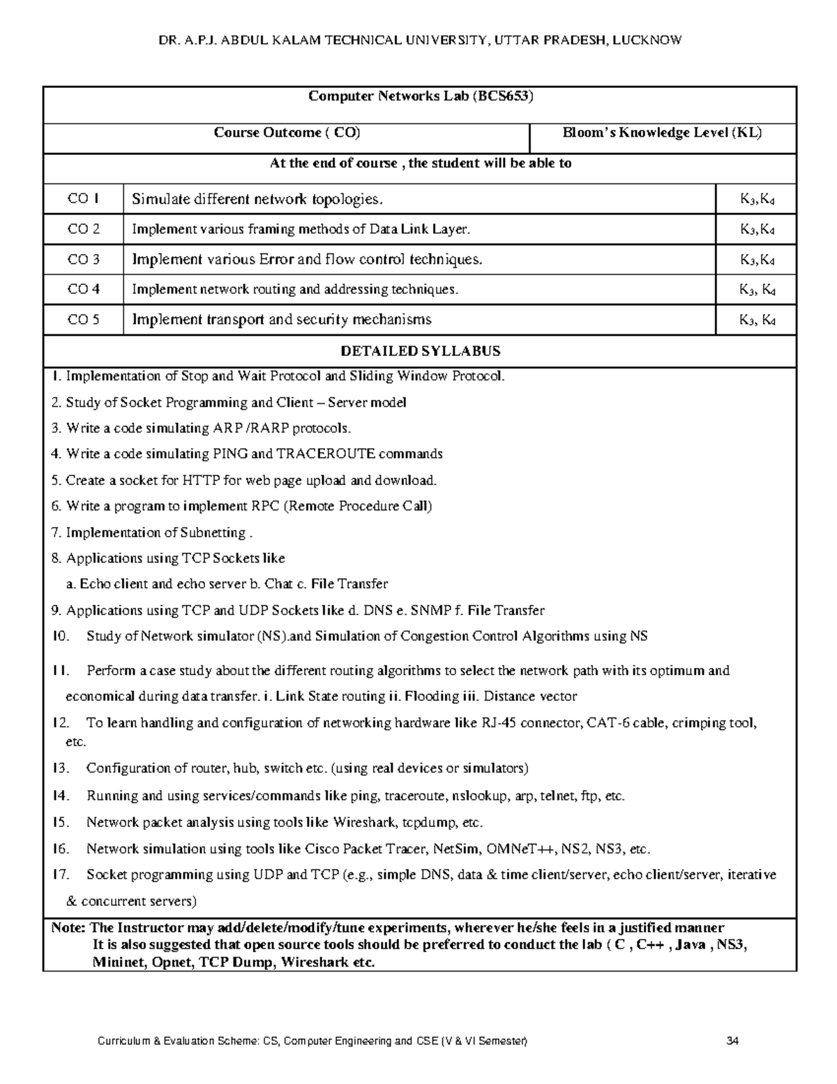 Computer Networks Lab Syllabus (BCS653) - Dr. A.P.J. Abdul Kalam Tech ...