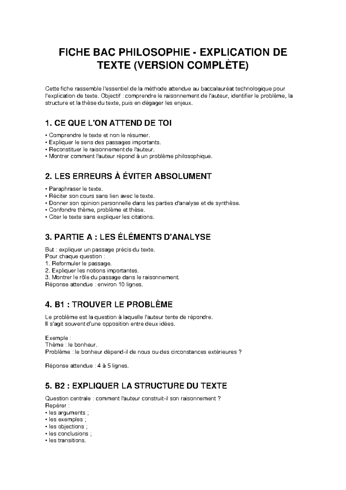 FICHE BAC PHILOSOPHIE : MÉTHODE D'EXPLICATION DE TEXTE COMPLÈTE - Studocu