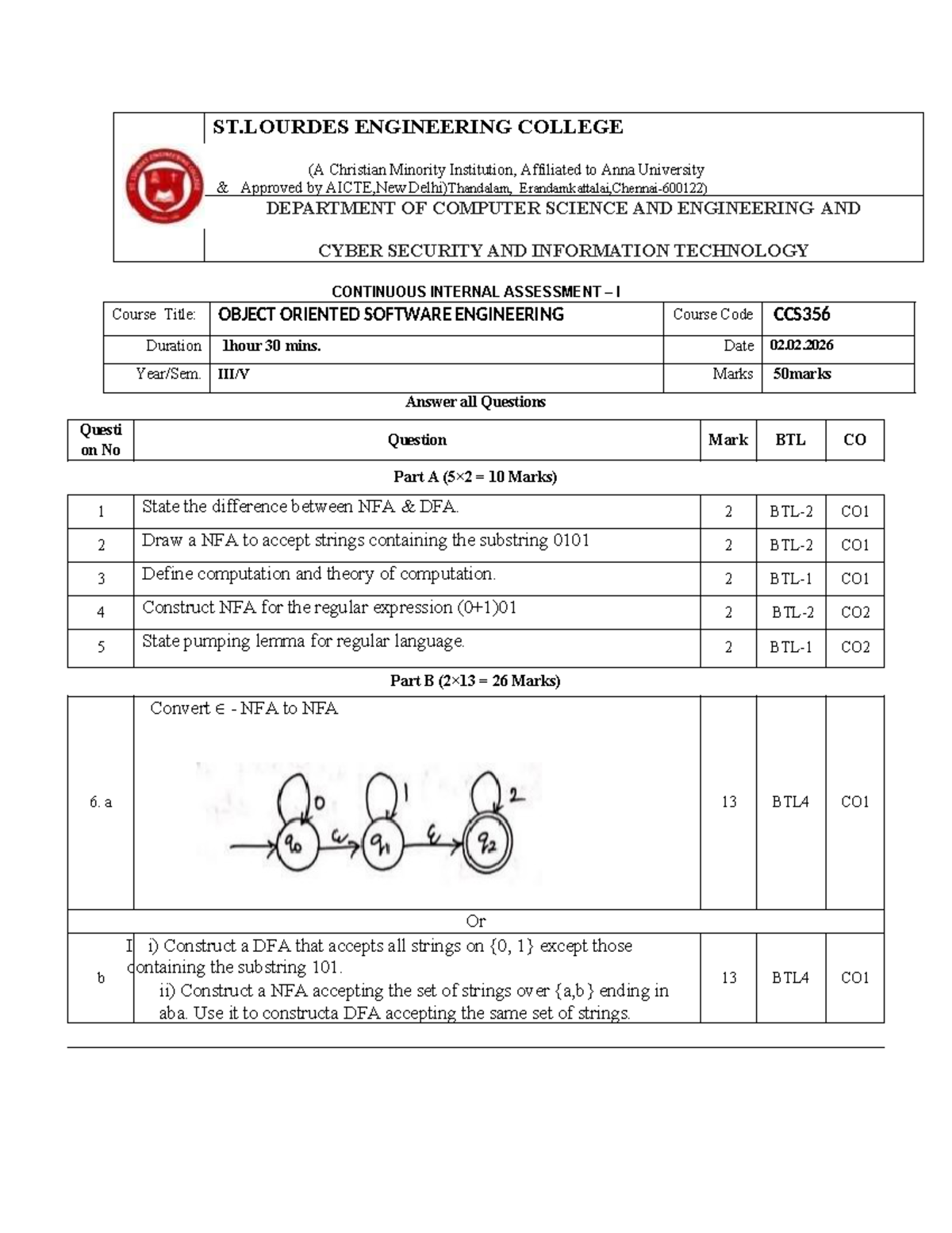 TOC CCS356 CA1QP - Important Questions for Theory of Computation - Studocu