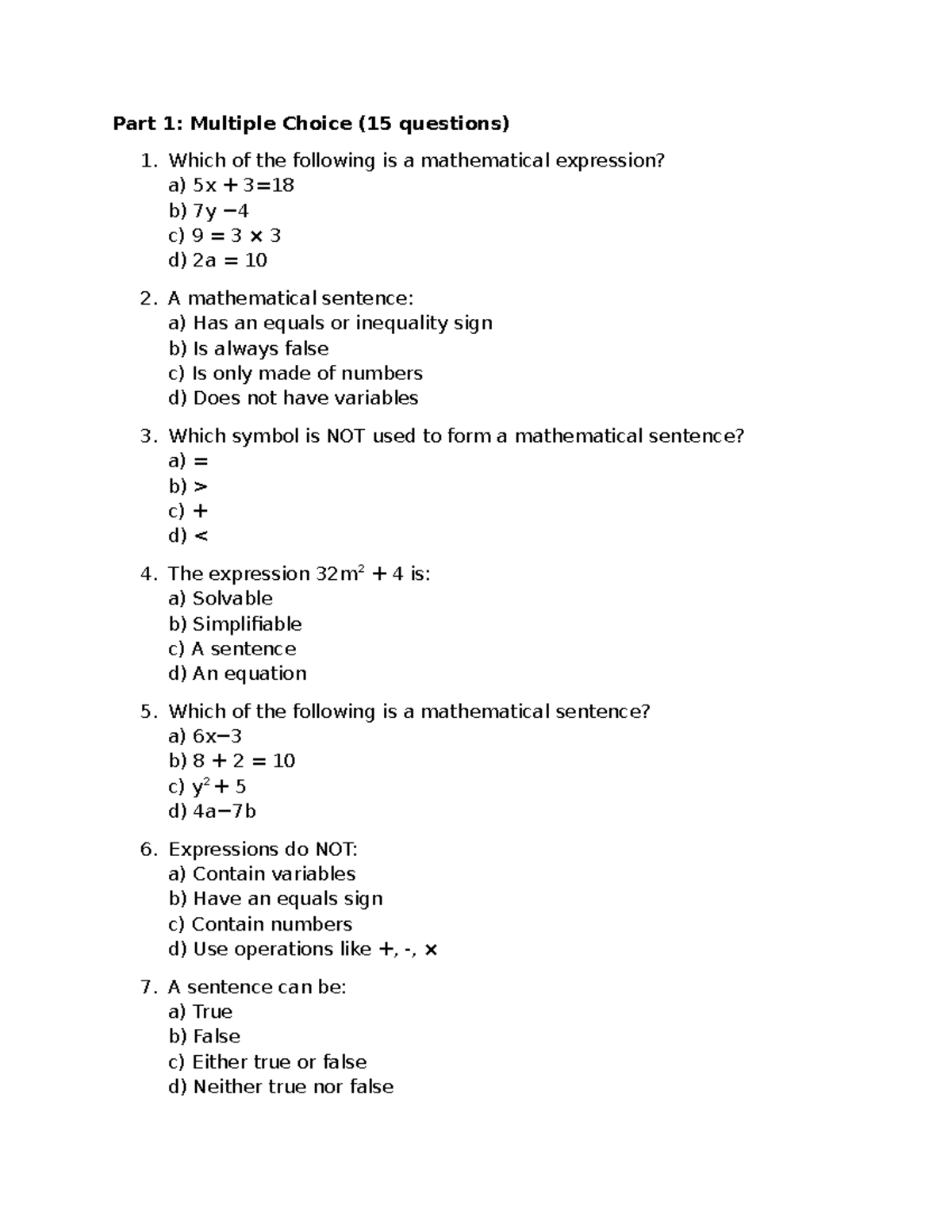 Quiz: Expression vs Sentence in Mathematics (MATH101) - Studocu