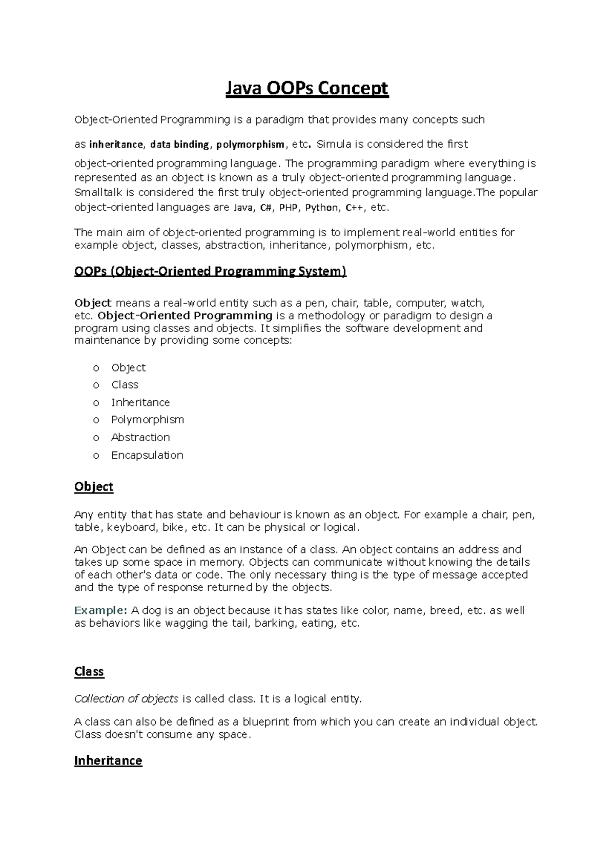 Java OOPs Concepts Notes: Inheritance, Polymorphism, and More - Studocu