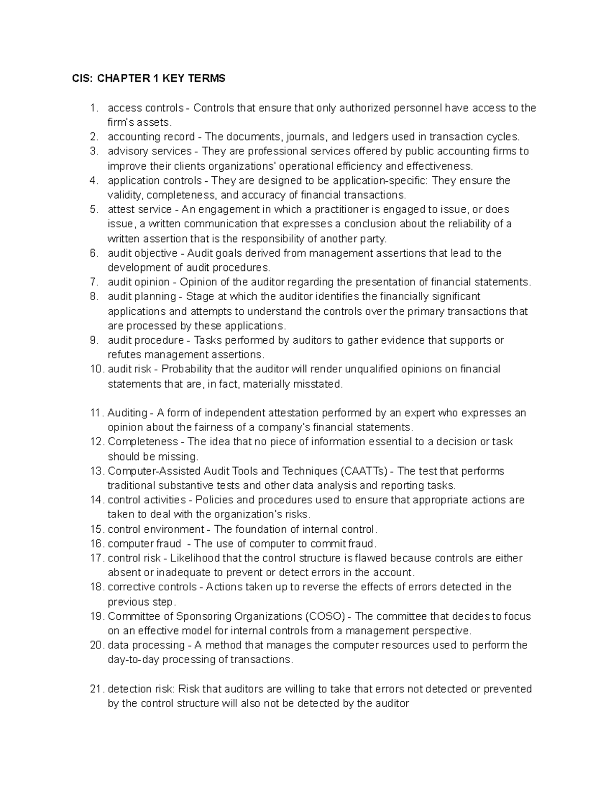 CIS CH 1 Key Terms: Essential Concepts for Understanding Auditing - Studocu