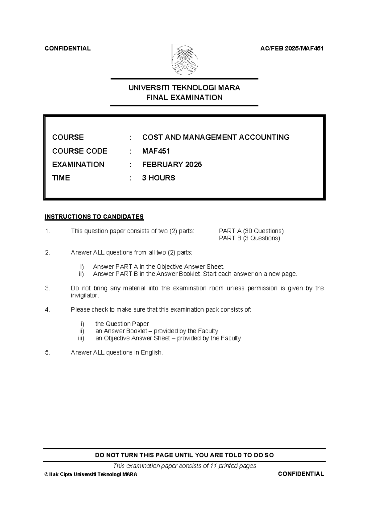 Q MAF451 - Final Exam Cost & Management Accounting FEB 2025 - Studocu