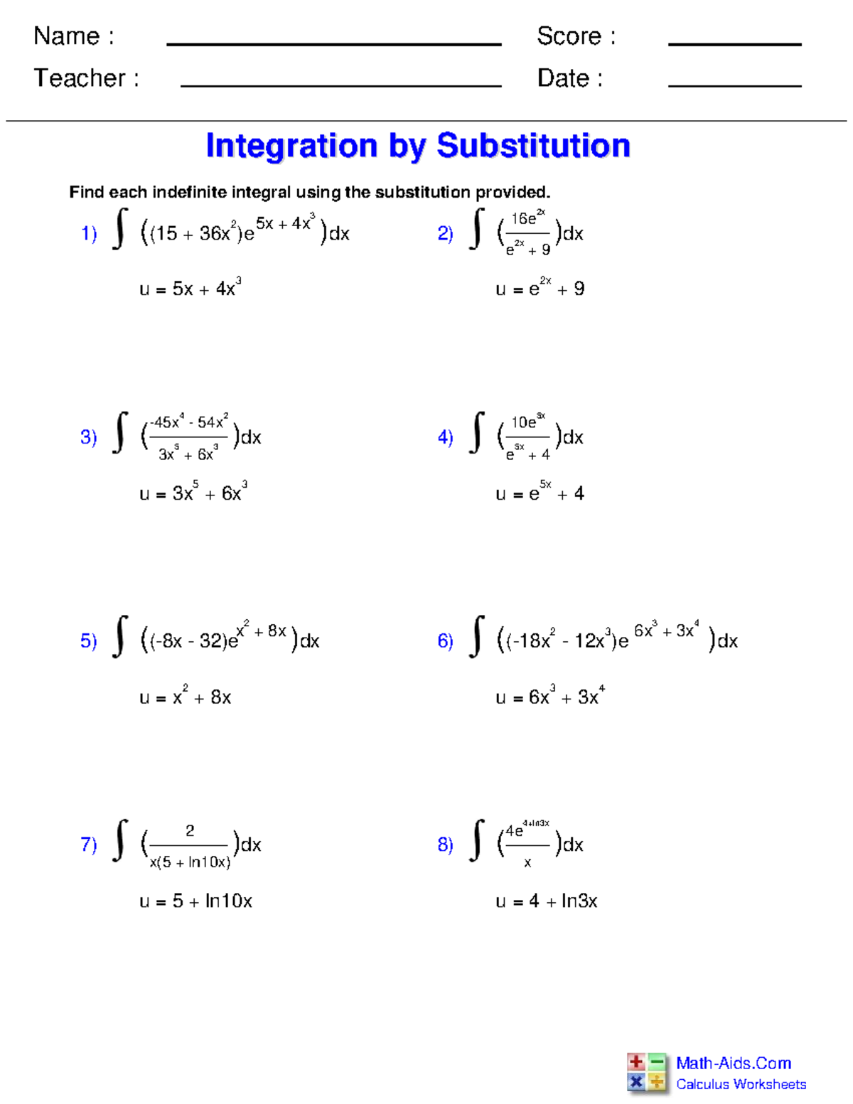 Calculus AB Review: Integration by Substitution Practice - Studocu
