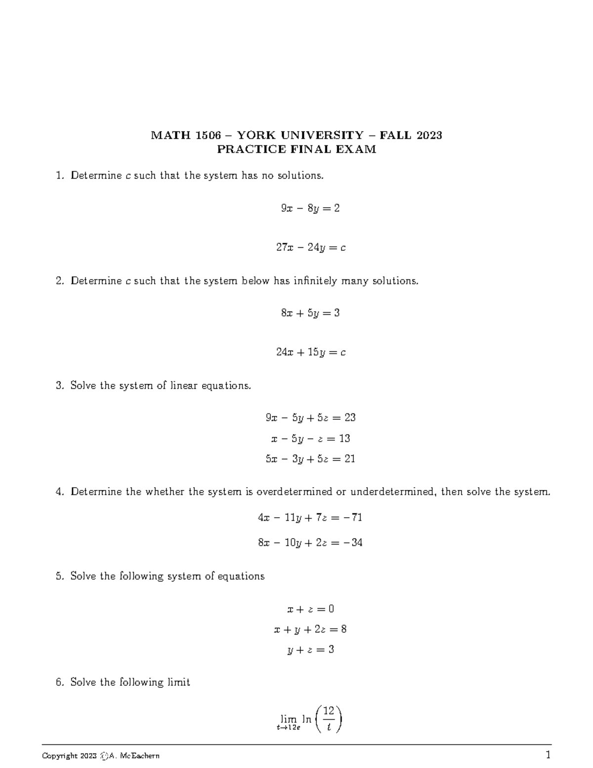 MATH1506 Practice Final Exam - Fall 2023 Study Guide - Studocu