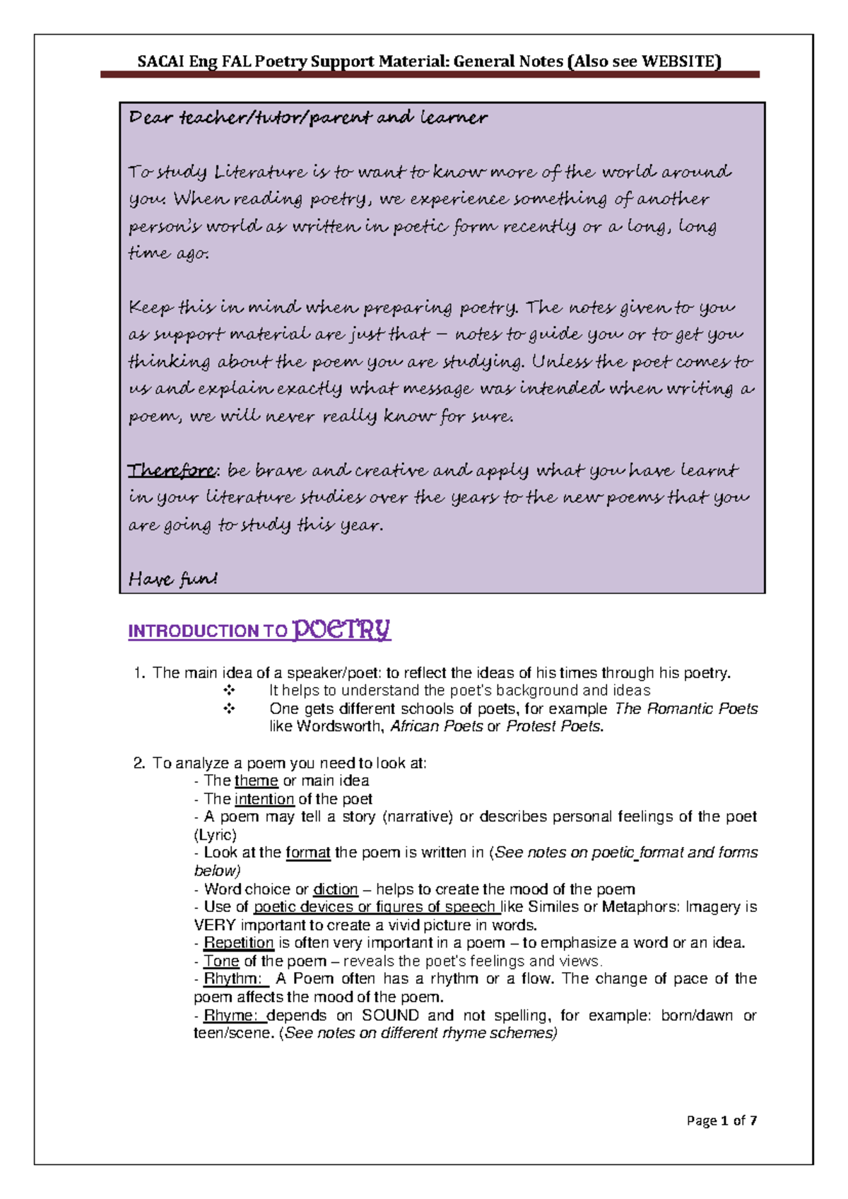 Eng FAL Gr 12 Intro to Poetry Study Guide and Support Notes - Studocu