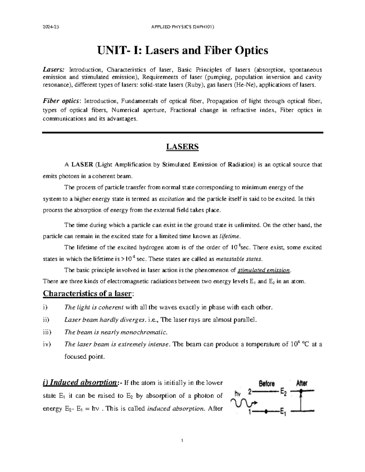 UNIT-1: Lasers and Fiber Optics Notes for First-Year Students - Studocu