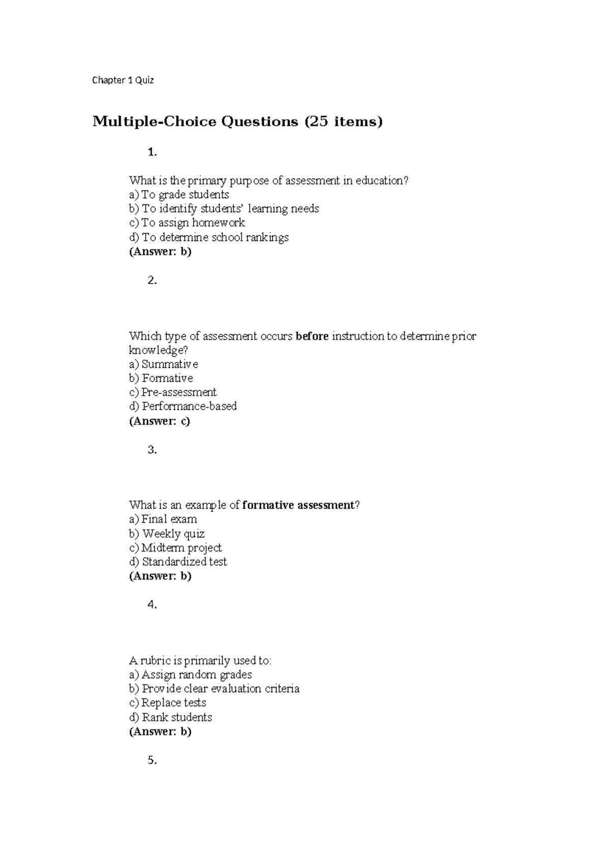 Chapter 1 Quiz - Assessment in Learning (25 Questions) - Studocu