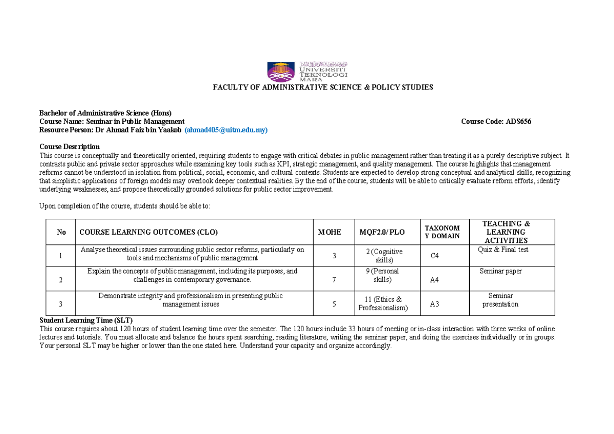 ADS656: Seminar in Public Management Course Overview and Assessment ...