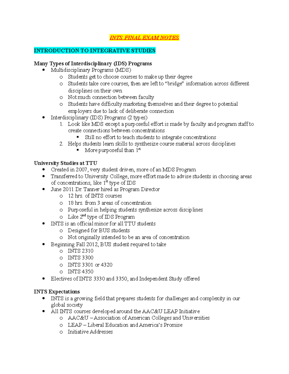 INTS Final Exam Notes - Integrative & Interdisciplinary Studies ...